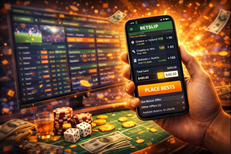 Betslip interface with stake input and primary call-to-action button